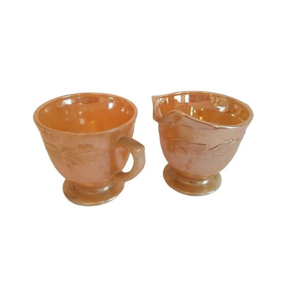 Fire King Peach Laurel Leaf Lusterware Creamer and Sugar Bowl Fire King by Ancho - Picture 6 of 6
